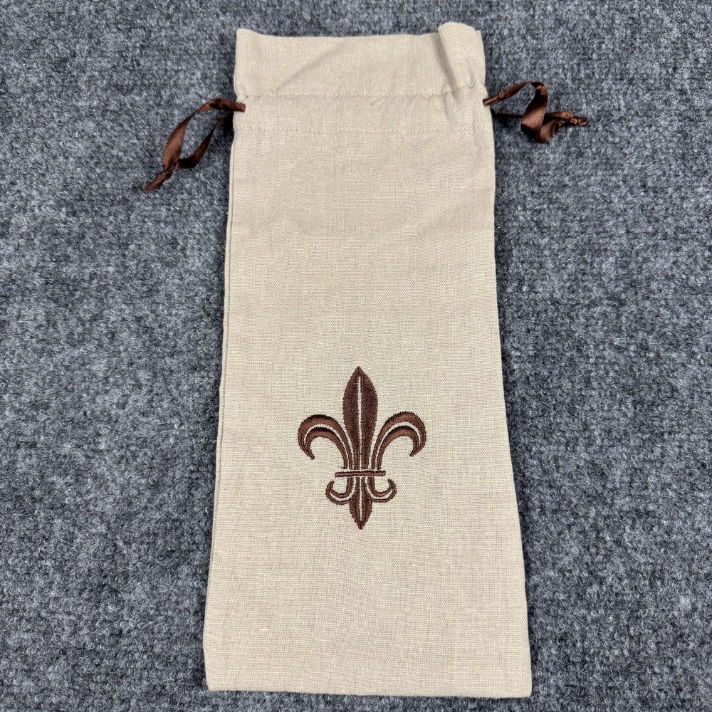 Embroidered Fleur De Lis Wine Gift Bag Ribbon Drawstring Linen Blend Tan/Brown